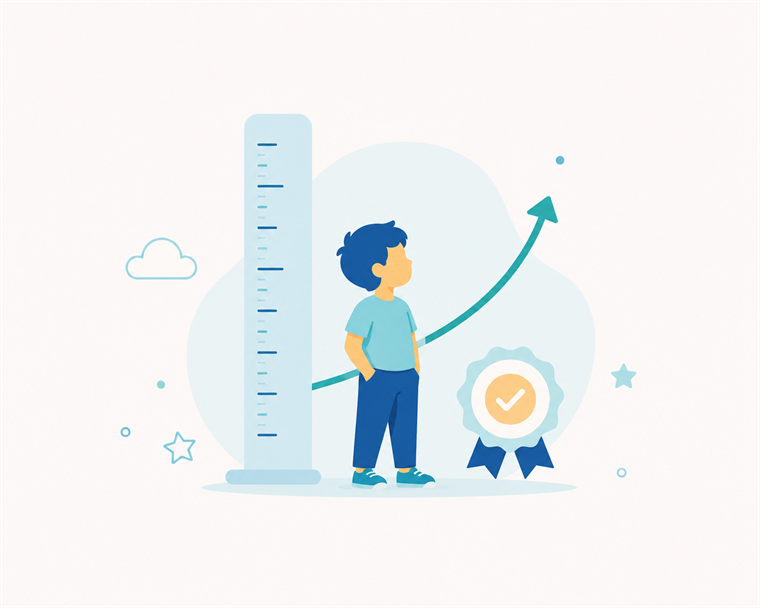 Illustration of a child beside a growth ruler with an upward arrow and an award badge — representing pediatric growth expertise and professional recognition