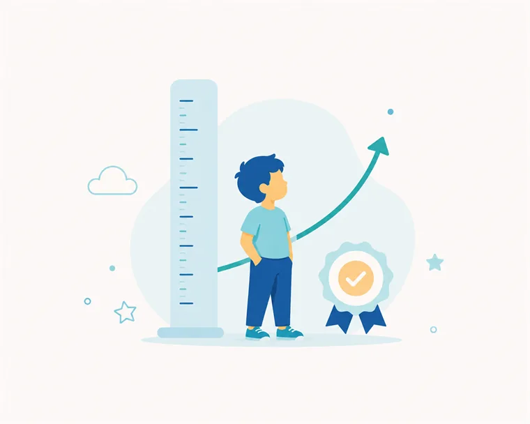 Illustration of a child beside a growth ruler with an upward arrow and an award badge — representing pediatric growth expertise and professional recognition