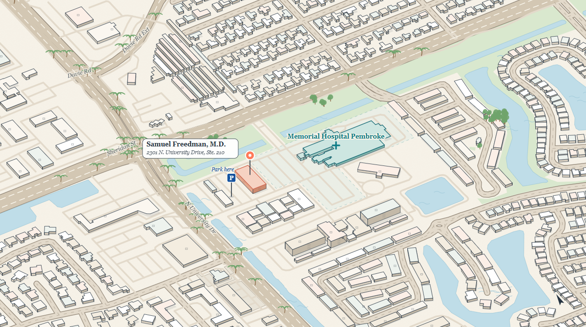Illustrated map: Samuel Freedman, M.D. at 2301 N. University Drive, across from Memorial Hospital Pembroke